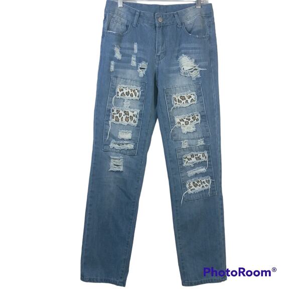 Sheilay High Waisted Ripped Leopard Patchwork Destroyed Jeans Size M - Picture 1 of 6